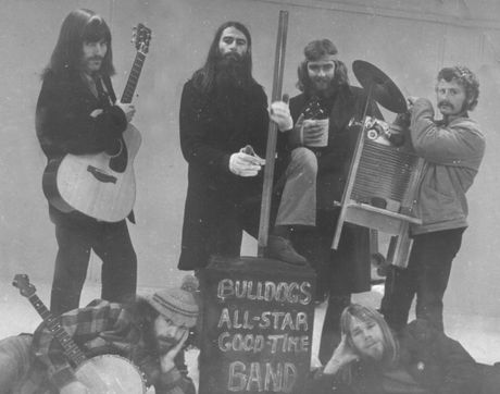 Bulldogs original lineup, 1971.
Back row, L to R: Kevin Findlater, Paul Curtis, Richard Eagan, Brien McCrea. Front row, L to R: John Donoghue, Neil Worboys, (click on photo to enlarge)