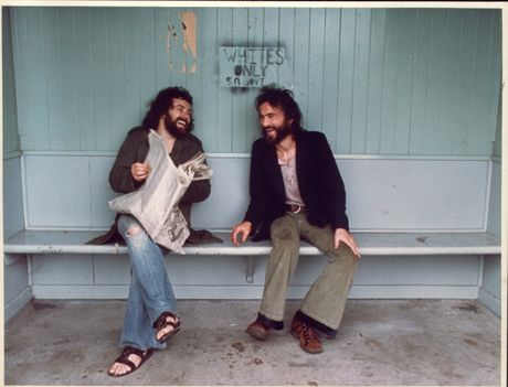 John Donoghue (L) & Martin Hope (R) enjoying the reviews, Mt Eden, 1973 - Photo Susy Pointon. 